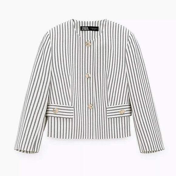 Zara Cream White Striped Long Sleeve Gold Button Down Crop Blazer Coat Jacket S - Picture 11 of 13